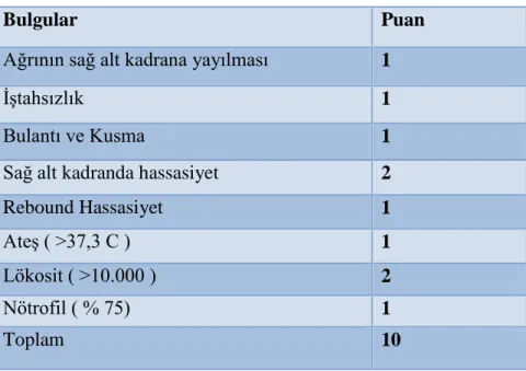 Tablo 2.Alvarado Skorlama Sistemi: 