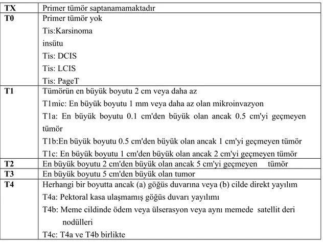 Tablo 3. Primer tümör (T) TX Primer tümör saptanamamaktadır T0 Primer tümör yok Tis:Karsinoma insütu Tis: DCIS Tis: LCIS Tis: PageT