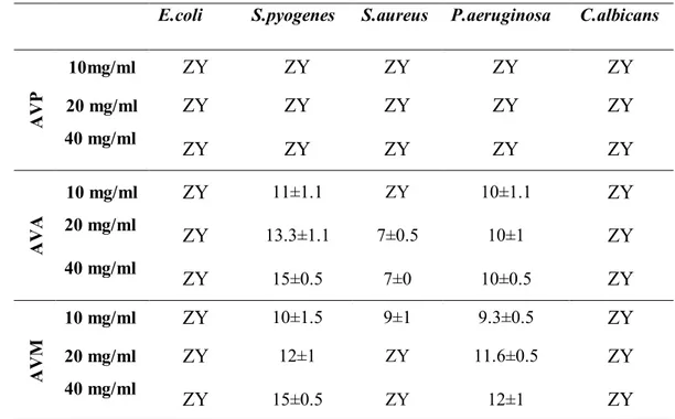 Çizelge  4.1.  ve  Çizelge  4.2.’de  A.  vestita  ve  A.  xylorrhiza  bitkilerinin  petrol  eteri,  aseton  ve  metanol  ekstrelerinin  disk  difüzyon  yöntemine  göre  yapılan  antimikrobiyal  aktivite  sonuçları  üç  paralel  testin  inhibisyon  zon  çap