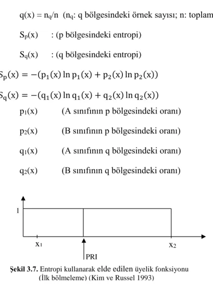Şekil 3.7. Entropi kullanarak  elde edilen üyelik fonksiyonu  (İlk bölmeleme) (Kim ve Russel 1993)