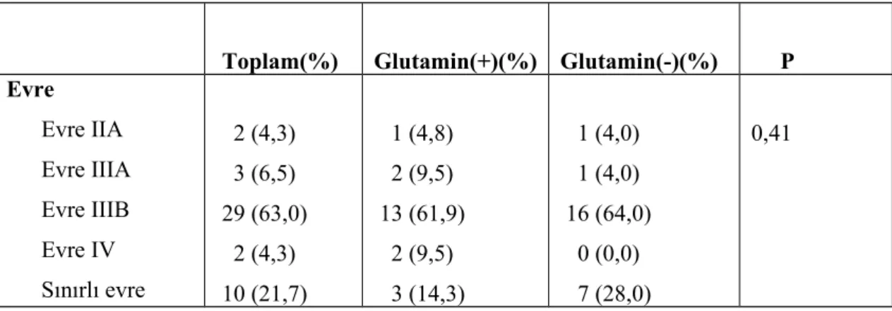 Tablo 13: Her iki gruptaki hastaların evrelere göre dağılımı