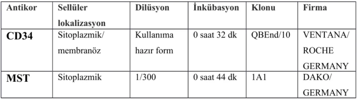 Tablo 6: İmmünohistokimyada kullanılan primer antikorlar