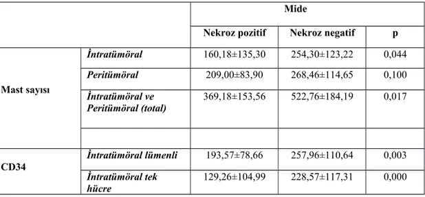 Tablo   12’de   gösterildiği   gibi   mide   malign   epitelyal   tümörlerde   nekrozsuz olgularda nekrozlu olgulara göre daha fazla intratümöral tek hücre sayısı ve lümenli yapı sayısı tespit edilmiştir