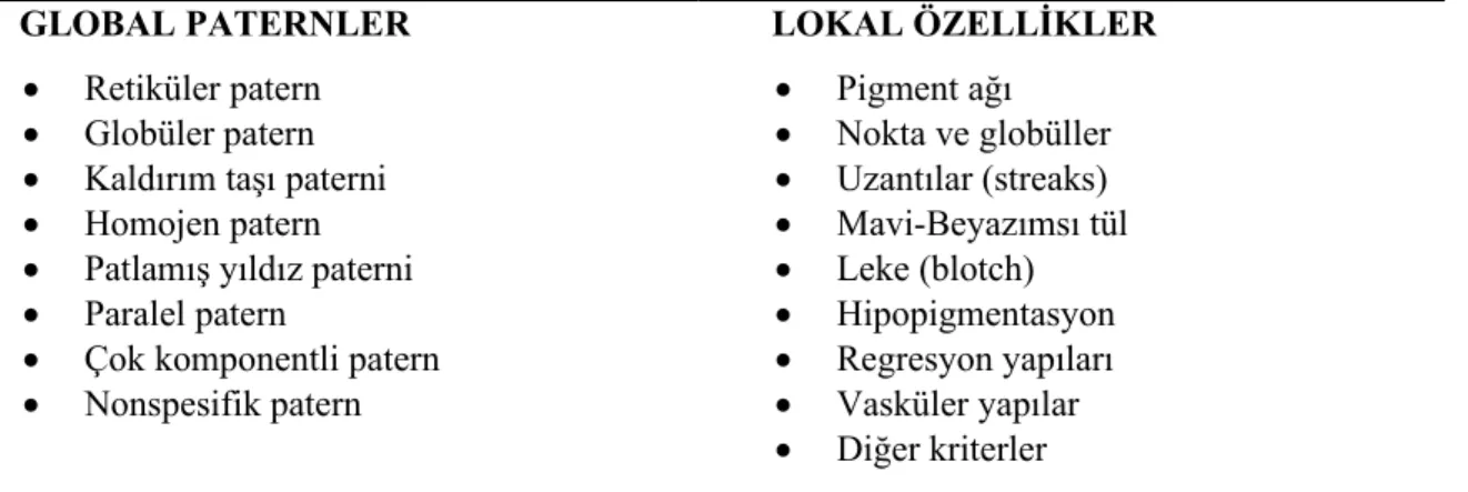 Tablo 1. Pigmente lezyonlarda Patern analizi yöntemi.