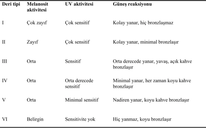 Tablo 4. Fitzpatrick deri tipi sınıflandırılması (85).