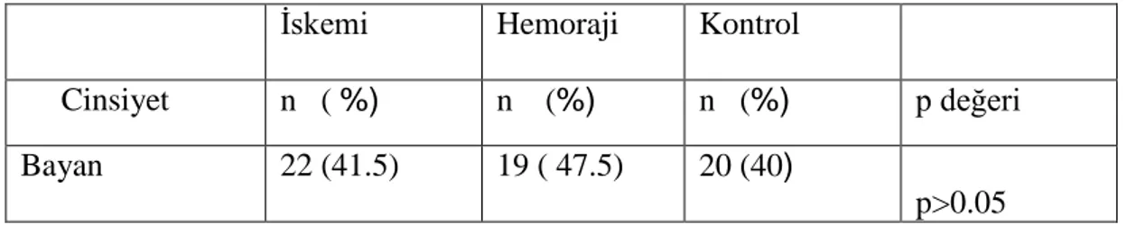 Tablo 12. Hasta ve Kontrol Grubunun Cinsiyet Karşılaştırılması      İskemi  Hemoraji  Kontrol 