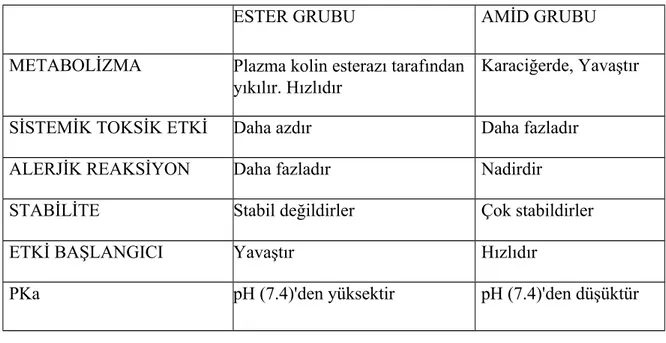 Tablo 3: Ester ve amid grubu lokal anestezikler arasındaki farklar