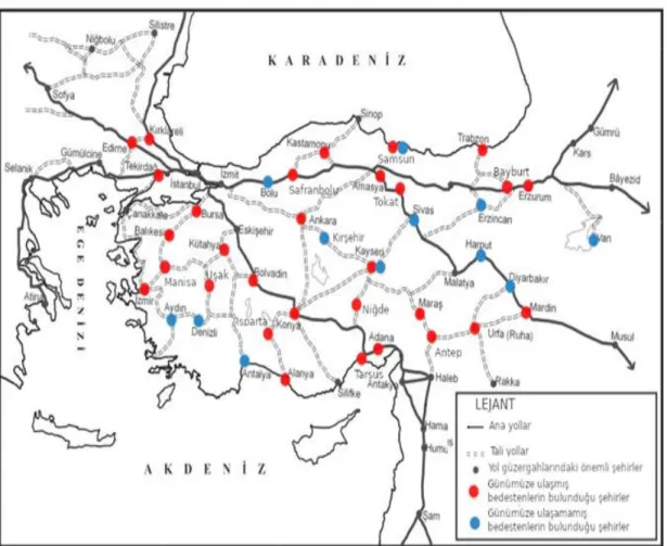 Şekil  3.1.  Anadolu'daki  bedestenlerin  Osmanlı  döneminde  ticaret  yollarının  üzerindeki  konumları  (Şahinalp ve Günal, 2012, s.152'den uyarlanmıştır.) 