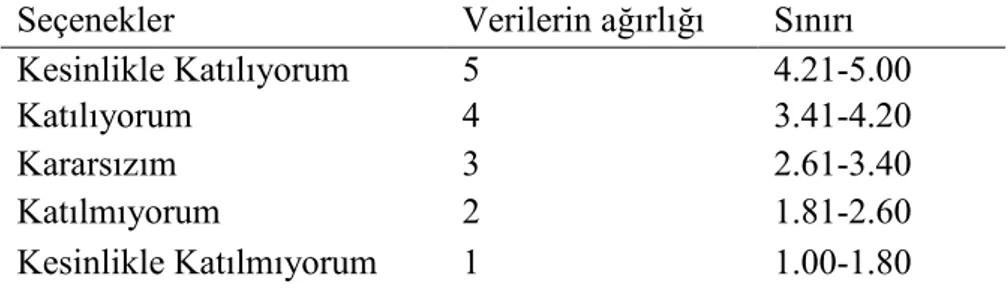 Tablo 6. Ankette Var Olan Seçeneklerin Ağırlığı ve Sınırı 