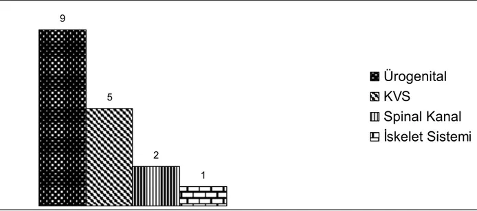 Tablo 5. Alçak tip anorektal malformasyonlu hastalarda görülen sistemlere ait anomali sıklığı  9 5 2 1 ÜrogenitalKVS Spinal Kanal İskelet Sistemi