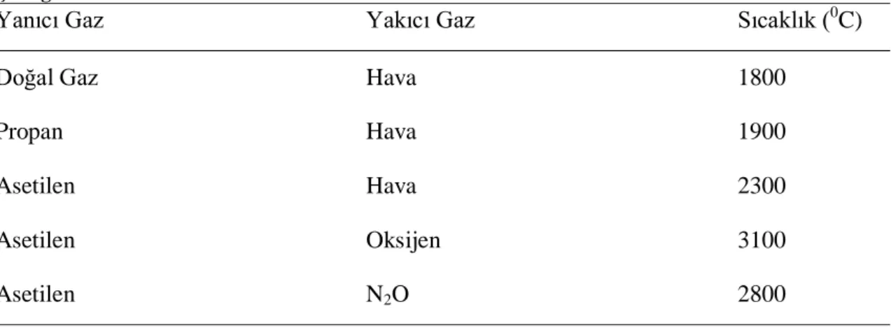 Çizelge 2.3. Alev türleri