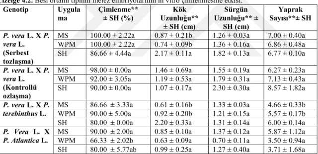 Çizelge  4.1'de  rapor  edilen  çimlenme  değerleri  %  72.00  ile  90.66  arasında  olduğu görülmüştür