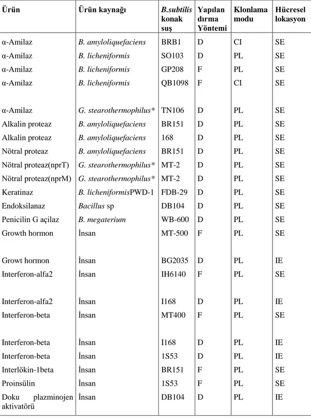 Çizelge 2.3. Seçilen bazı Bacillus türleri ve Bacillus subtilis‟te eksprese edilmiş insan hormon 