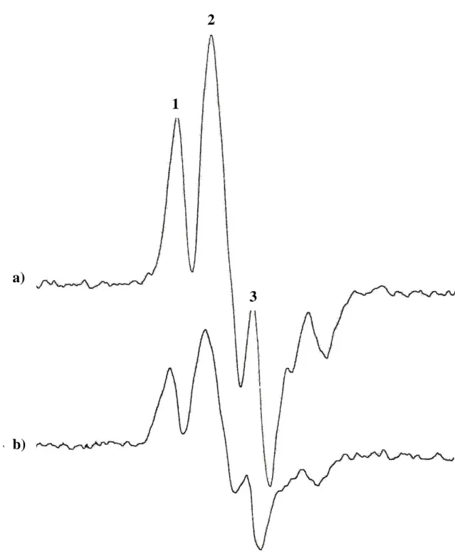 Şekil 4.5 a) 15 kGy doz değerinde ışınlanmış kloramfenikol örneğinin oda sıcaklığında alınmış     EPR spektrumu 