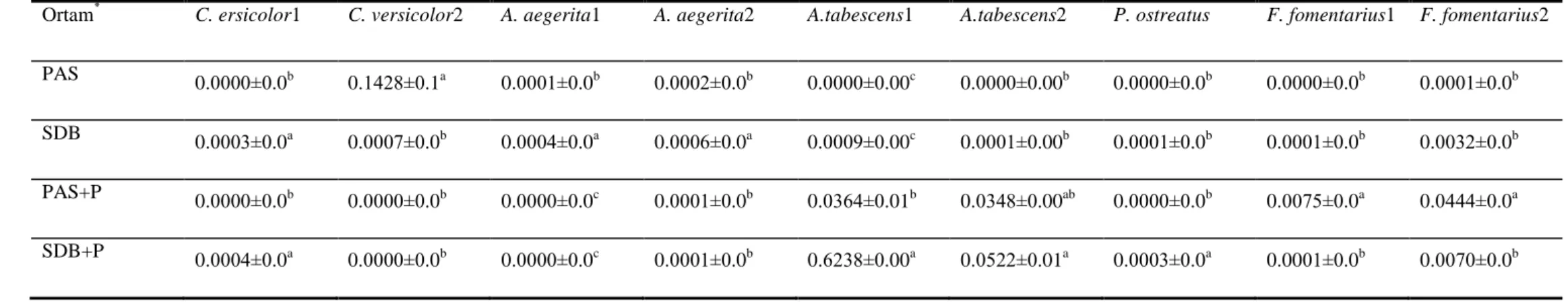 Çizelge 4.4. Submerged Koşullarda Fermentasyonun 7. Gününde Ortamların MnP Üretimi Üzerine Etkisi  7