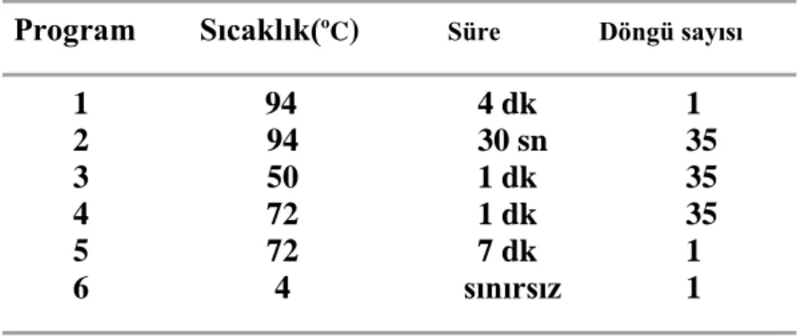 Çizelge 3.1.    - galaktosidaz geni için kullanılan PCR programı