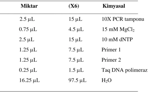 Çizelge 3.2.  PCR reaksiyonu için kullanılan kimyasallar ve miktarları 