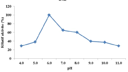 Şekil  4.3’te  görüldüğü  üzere  pH’ın  Bacillus  subtilis  4NK  β-galaktosidaz  aktivitesi  üzerine  etkisi  incelenmiş  ve  test  edilen  4.0-11.0  arasındaki  pH  aralığında  β-  galaktosidaz aktivitesi için optimum pH 6.0 olduğu bulunmuştur