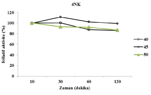 Şekil 4.6’da  Bacillus paralicheniformis 5NK β-galaktosidaz enzim aktivitesinin  termal  stabilitesi  45-60˚C  arasında  30-120  dakika  aralığında  incelenmiş  ve  bu  bakteri  enziminin  termal  stabiliteyi  45-50˚C  de  koruduğu,  55˚C  de  ise  kısmen 