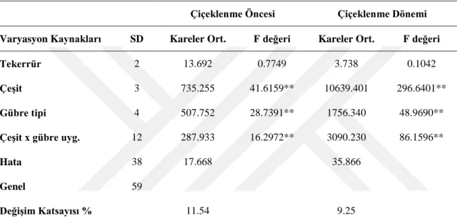 Çizelge  4.11.  Çiçeklenmeden  önce  ve  tam  çiçeklenme  döneminde  gövde  yaş  ağırlığı  varyans  analiz  sonuçları 