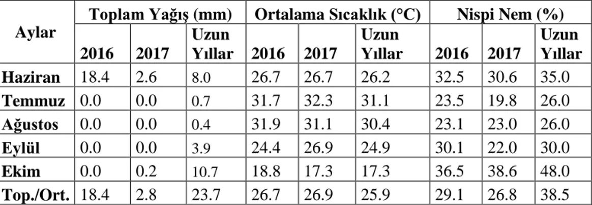 Çizelge 3.3. Denemenin yürütüldüğü Diyarbakır iline ait 2016-2017 ve uzun yıllar ikinci ürün  mısır üretim dönemi iklim verileri 