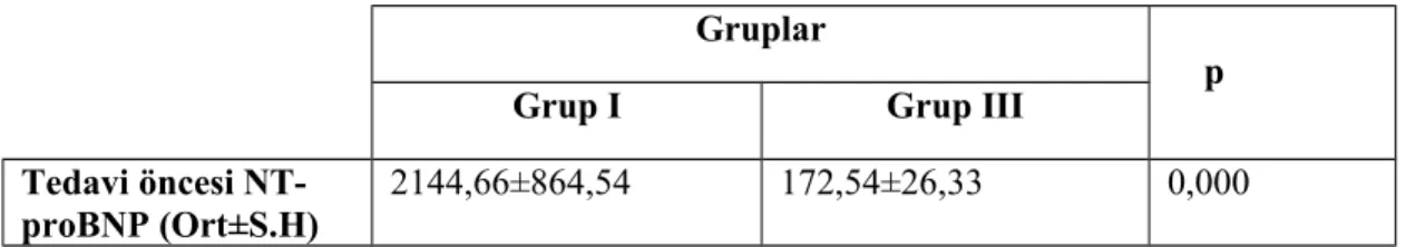 Tablo 8. Grup I ve Grup III’ ün tedavi öncesi serum NT-proBNP  düzeylerinin(pg/ml) karşılaştrılması