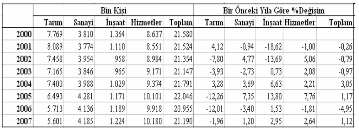 Tablo 10: Türkiye’de İstihdamın Sektörel Dağılımı (2000-2007) 