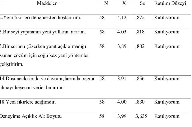 Tablo 11. Deneyime Açıklık Alt Boyutuna İlişkin Maddelerin Betimsel İstatistikleri 