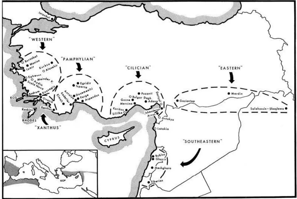Şekil 1.10: Türkiye‟deki Blanus tür veya alttürlerinin yayılış alanları. Batıda Blanus strauchi stracuhi, güneybatıda Blanus strauchi bedriagae, güneyde ve 