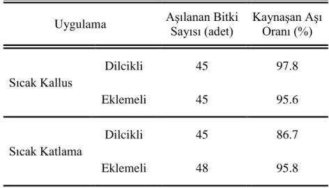 Çizelge 4.1. Kaynaştırma ortamı ve aşı yöntemlerine göre kaynaşan aşı  oranı (%) 