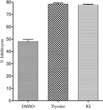 Tablo  4.7.  Pozitif  kontrol  olarak  kullanılan  DMSO,  tiyoüre  ve  potasyum  iyodür’ün  DNA’yı  H 2 O 2   fotolizi  sonucu  olu ş an  OH  radikaline  kar ş ı  koruyucu  etkilerinin  % 