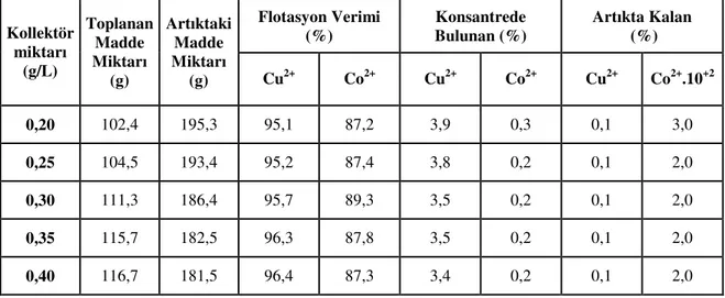 Tablo 23: 2. Sülfürleme koşullarında hazırlanan örneklerin 300 g’lık pülp yoğunluğunda kollektör 