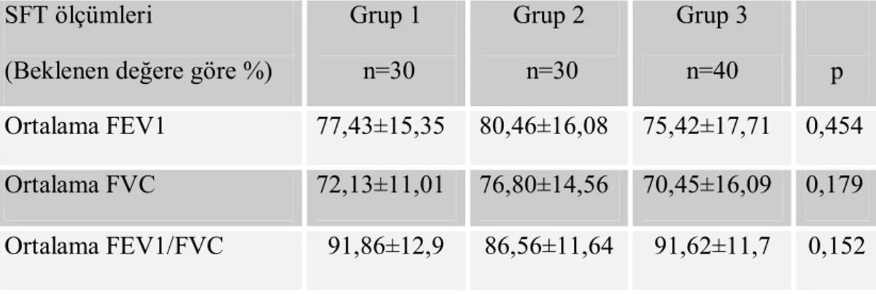Tablo 13. Grupların spirometrik değerleri ve birbirleri ile ilişkileri  SFT ölçümleri 