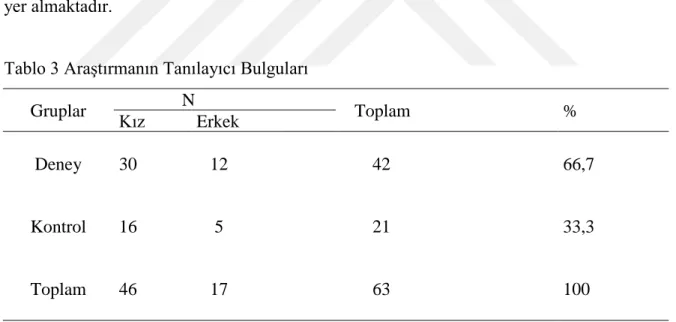 Tablo 3 Araştırmanın Tanılayıcı Bulguları 