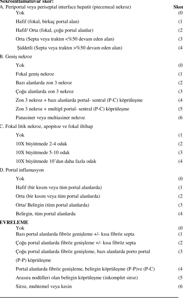 Tablo 5. Modifiye Knodell histolojik aktivite indeksi (Ishak)  [71]    Nekroinflamatuvar skor: 