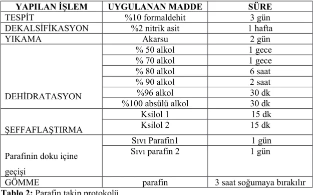 Tablo 2: Parafin takip protokolü.