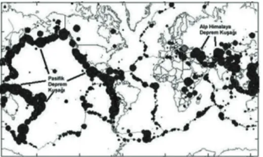 Şekil 2. Yeryüzünde tektonik depremlerin yoğun  olduğu bölgeler 