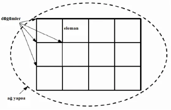 Şekil 3.8.Sonlu elemanlar metodu ile analiz yapan ticari programlardaki ağ yapısının gösterimi 