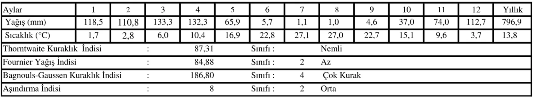 Tablo 5.14. Şırnak İstasyonu Ortalama Yağış-Sıcaklık ve Yağış-Kuraklık- Aşındırma indisleri