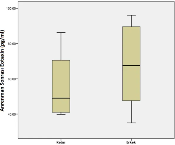 Şekil 4. 7. Antrenman öncesi eotaxin düzeyinin cinsiyete göre değişimi için kutu grafiği