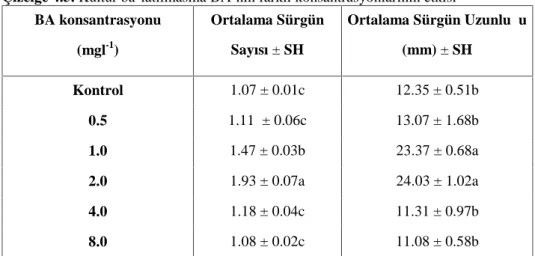 Çizelge 4.5. Kültür başlatılmasına BA’nın farklı konsantrasyonlarının etkisi BA konsantrasyonu (mgl -1 ) Ortalama SürgünSayısı ± SH Ortalama Sürgün Uzunluğu(mm) ± SH Kontrol 1.07 ± 0.01c 12.35 ± 0.51b 0.5 1.11  ± 0.06c 13.07 ± 1.68b 1.0 1.47 ± 0.03b 23.37 