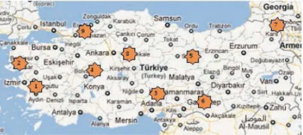 Şekil 2.7. Türkiye’de ASR’ye reaktif olabileceği tespit edilmiş agregaların lokasyonları (Ramyar 2013)