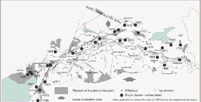 Şekil 3. Güneydoğu Anadolu Bölgesi ve yakın yöresinde meydana gelen tarihsel depremler                 (Deprem kayıtları  Akbaş 1999 ‘dan alınmıştır.) (İmamoğlu ve Çetin 2007) 