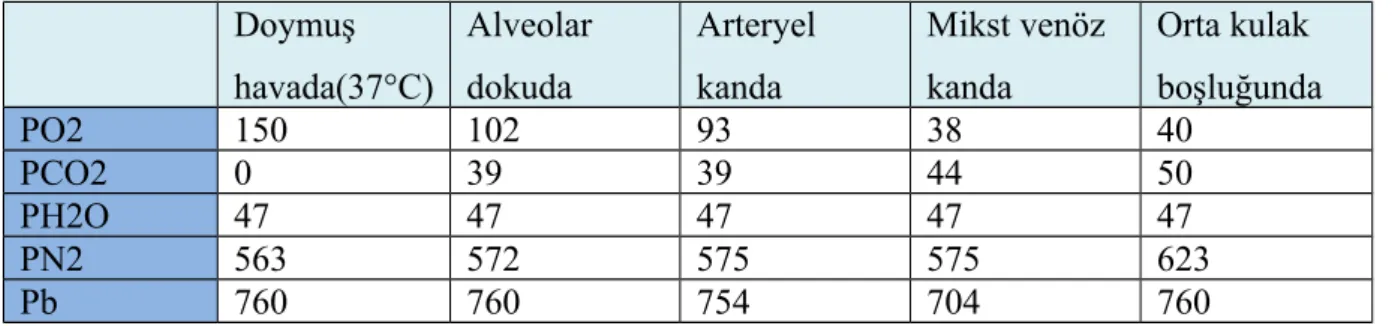 Tablo III: Deniz seviyesinde hava, kan ve orta kulak boşluğunda gazların kısmi ve