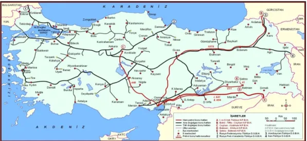 ġekil 1.3. Türkiye Sınırları Ġçerisindeki Doğalgaz ve Ham Petrol Boru Hatları 