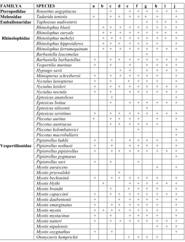 Çizelge 1.  Türkiye'de bulunan yarasa tür kayıtları  (a- Çağlar 1969, b- Felten ve ark.1977, c- c-Kumerloeve 1978, d- Helversen 1989, e- Benda ve Horáček 1998, f- Albayrak ve  Aşan 1999, g- Horáček ve ark