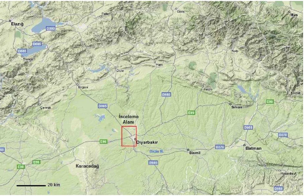 Şekil 2.2. Đnceleme alanının bölgesel morfolojideki konumu (maps.google’dan düzenlenerek)