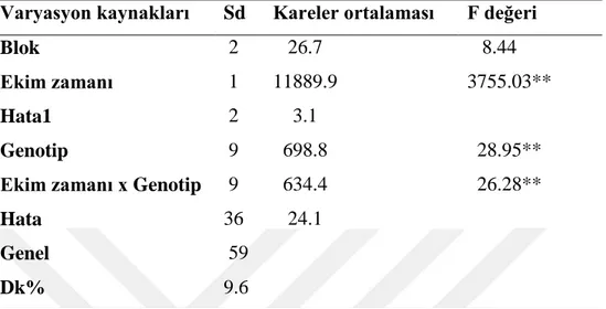 Çizelge 4.5 Farklı ekim zamanlarında bazı fasulye genotiplerinde bitki ağırlığı varyans analiz sonuçları 