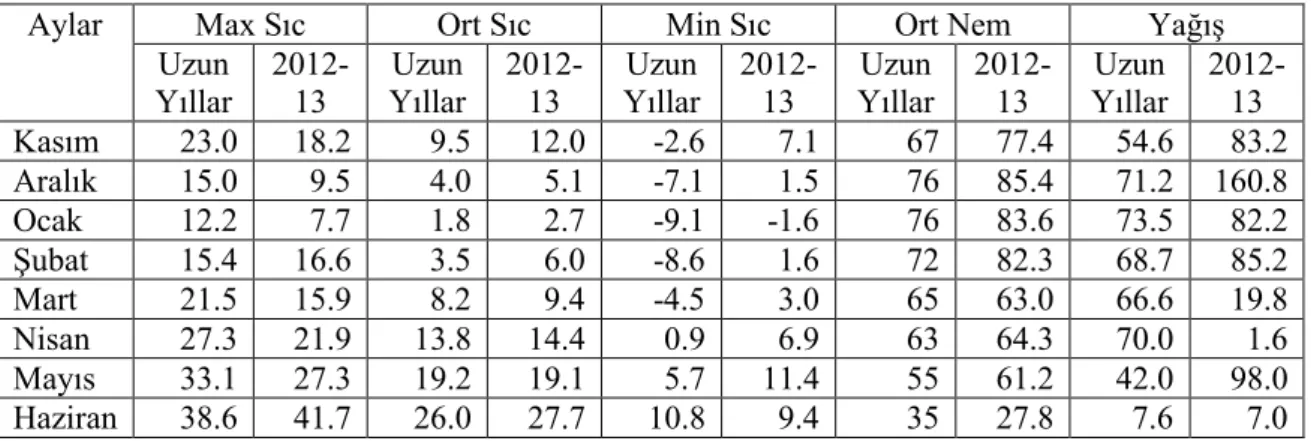 Çizelge 3.1. Diyarbakır ilinin uzun yıllar ve 2012-13 buğday yetiştirme dönemine ait bazı iklim değerleri*