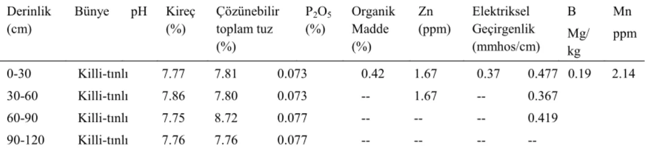 Çizelge 3.2. Deneme alanı topraklarının bazı kimyasal ve fiziksel özellikleri Derinlik